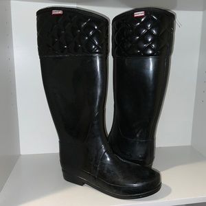 Hunter Tall Rain Boots Gloss Patent Black Quilted Top